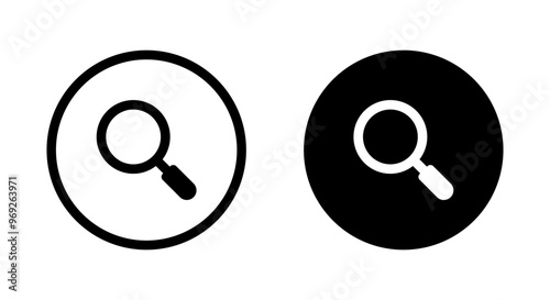 Magnifying glass, magnifier icon on black circle. Search, loupe sign symbol
