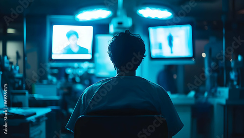 A solitary figure sits in a dimly lit room, observing multiple screens that illuminate the space with blue light.