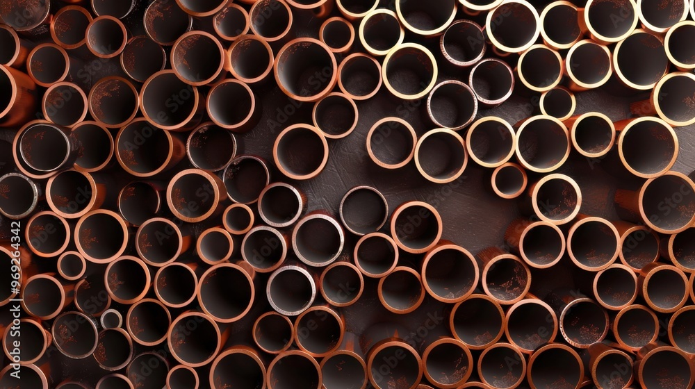 Copper pipes background. Round shaped metal pipes, banner. Products for housing and communal services, construction industry Copper pipes background. Round shaped metal pipes, banner. Products for housing and communal services, construction industry