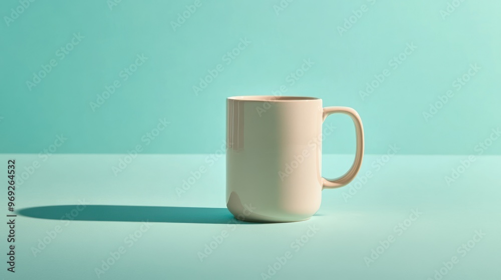 A simple white mug on a pastel background, casting a soft shadow. A simple white mug on a pastel background, casting a soft shadow.