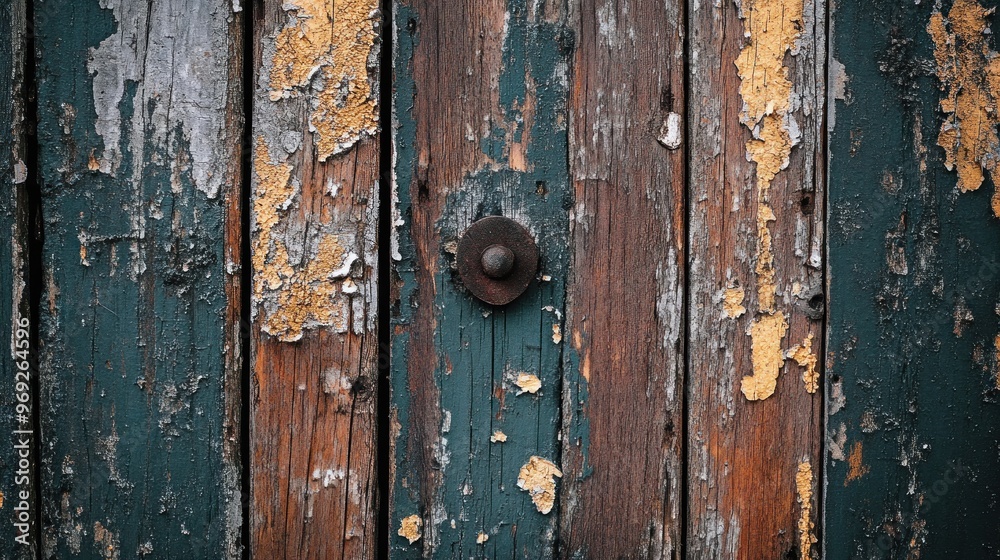 Close-up of a weathered wooden door with peeling paint and a metal knob. Close-up of a weathered wooden door with peeling paint and a metal knob.