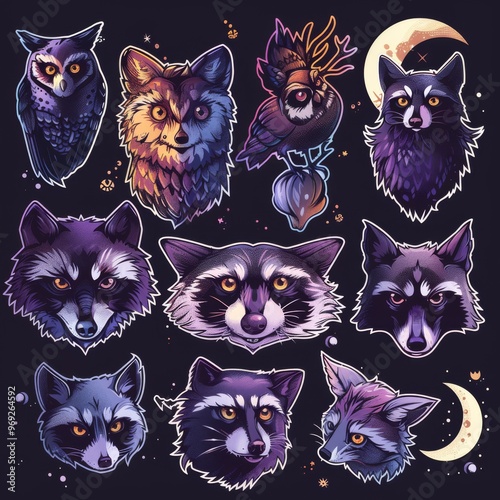 A sticker sheet featuring nocturnal animals like owls, bats, raccoons, and wolves
