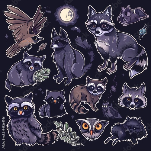 A sticker sheet featuring nocturnal animals like owls, bats, raccoons, and wolves