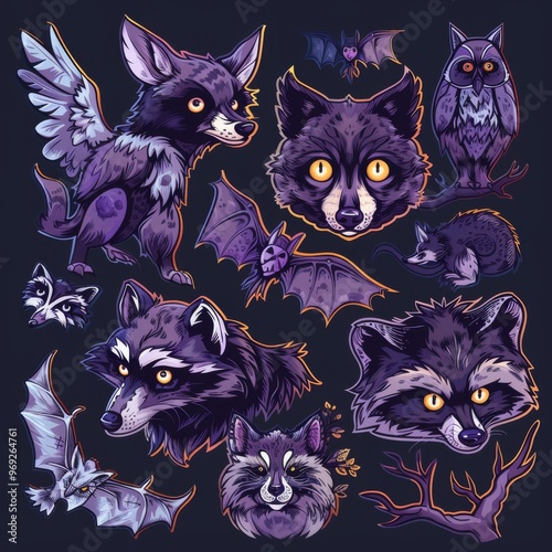 A sticker sheet featuring nocturnal animals like owls, bats, raccoons, and wolves