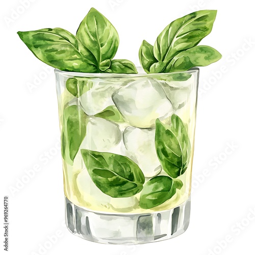 Watercolor Illustration of a Glass of Basil-Infused Lemonade with Ice Cubes.
