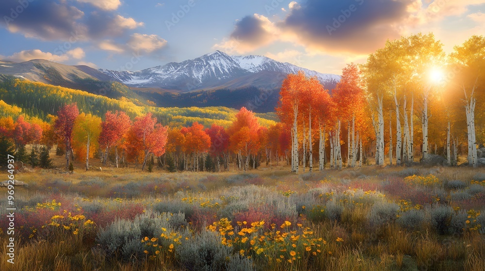 Fototapeta premium Autumn Equinox: Sunset Mount Panorama, Golden Light bathes Colored Foliage