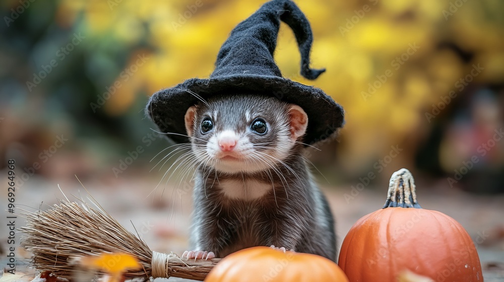 A cute animal in a witch hat surrounded by pumpkins. halloween A cute animal in a witch hat surrounded by pumpkins. halloween