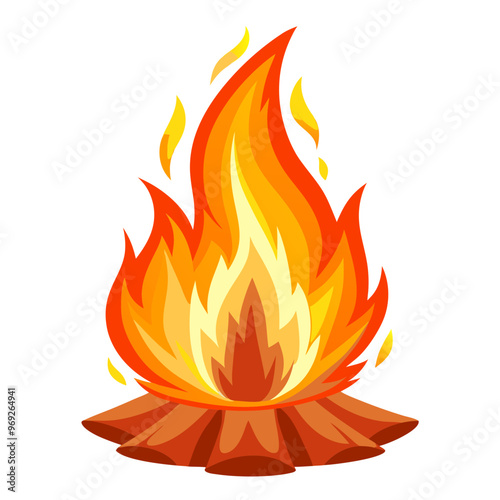 A stylized campfire with vibrant orange and yellow flames licking upwards, surrounded by wooden logs