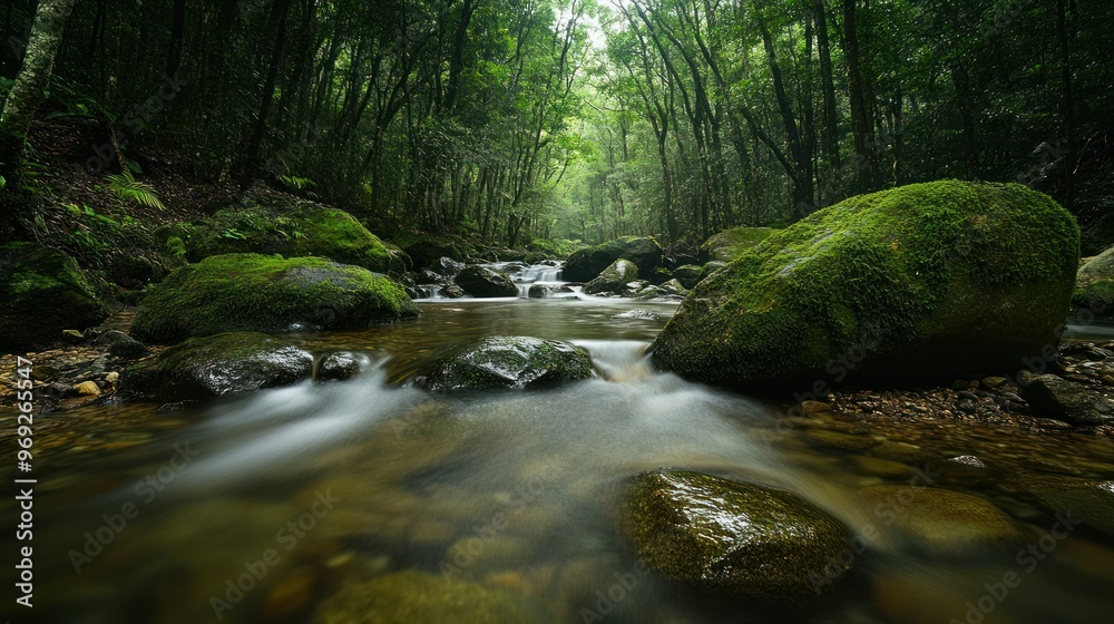 Fototapeta premium A serene forest stream surrounded by lush greenery and moss-covered rocks.