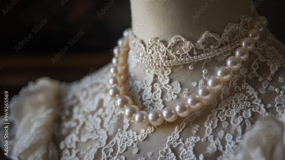 Pearls intricately woven into a lace pattern, resting on a vintage wedding dress displayed on an antique mannequin. Pearls intricately woven into a lace pattern, resting on a vintage wedding dress displayed on an antique mannequin.