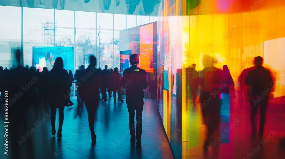 A vibrant, modern space filled with people and colorful displays. exhibition A vibrant, modern space filled with people and colorful displays. exhibition