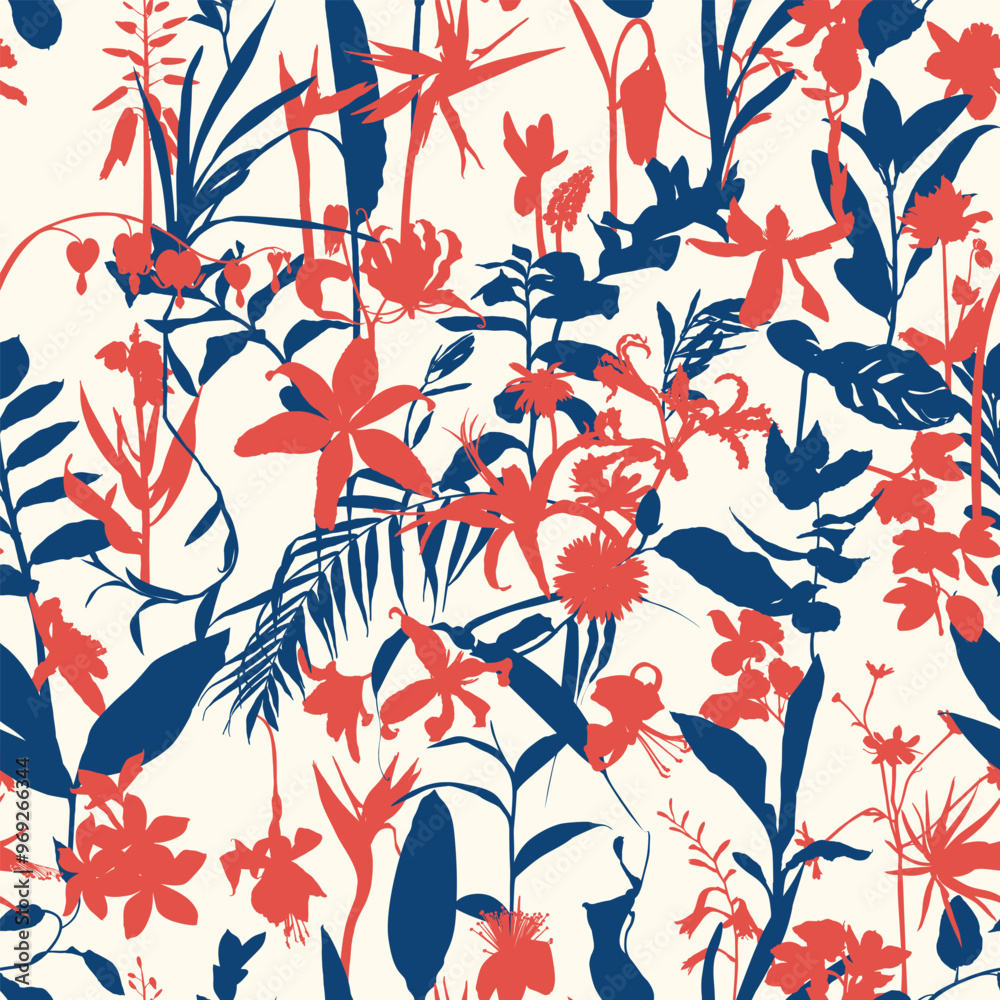 Fototapeta premium Seamless delicate pattern with tropical line silhouette flowers and leaves. Bright tropical rainforest illustration.
