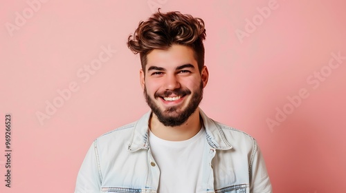 Young Man with Beard, Casual Shirt, Smiling, Pink Background, Casual Lifestyle,