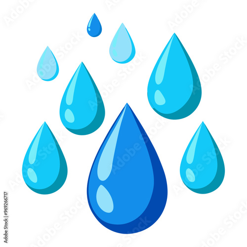A variety of blue water droplets in different sizes, showcasing a glossy, 3D effect against a white background