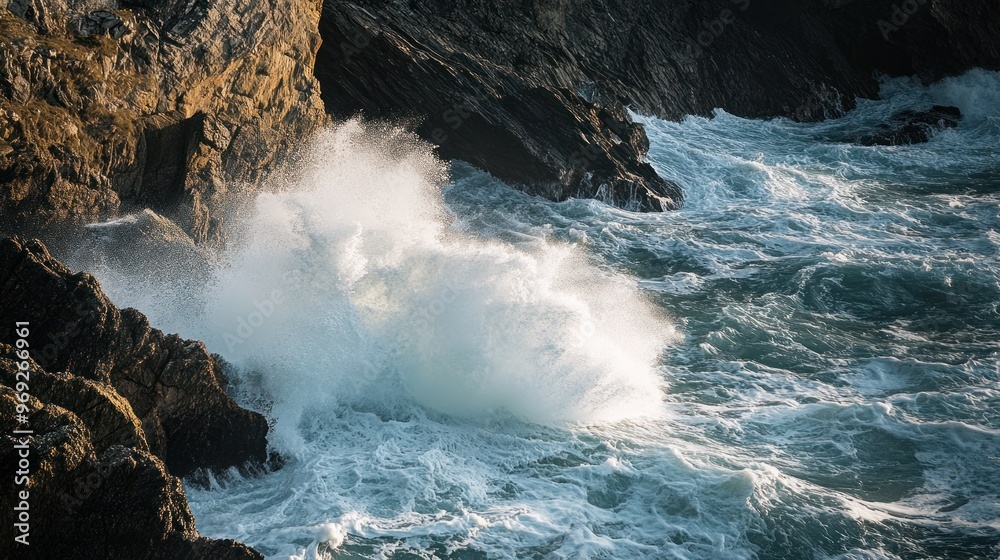 Waves crashing against rocky cliffs create a dynamic coastal scene. Waves crashing against rocky cliffs create a dynamic coastal scene.