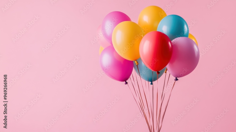 A vibrant bunch of colorful balloons against a pink background, perfect for celebrations. A vibrant bunch of colorful balloons against a pink background, perfect for celebrations.