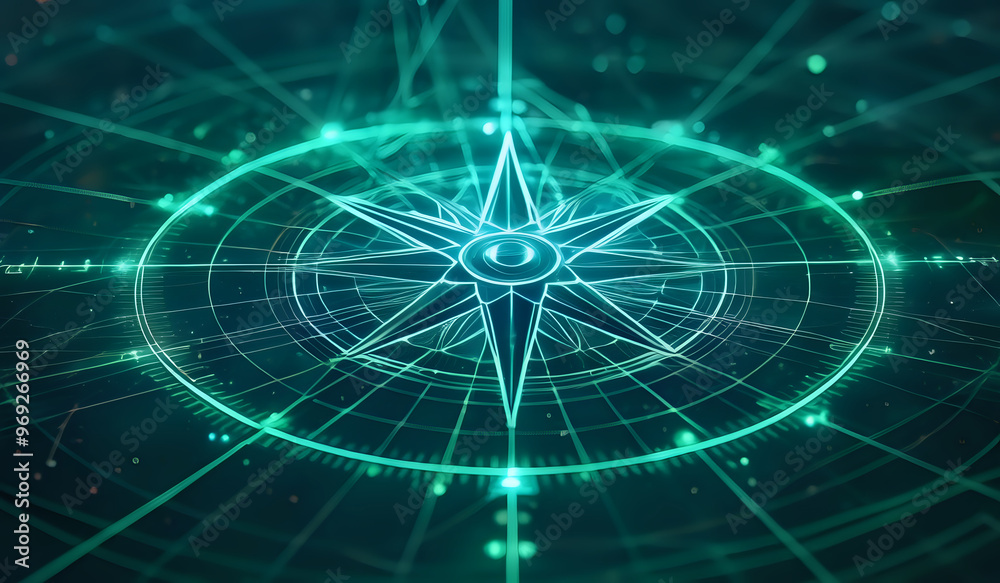 Obraz premium A holographic nautical compass on top of glowing lines representing network communication with sparkles of light in green and blue tones