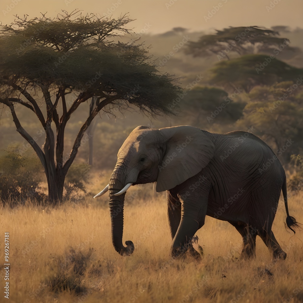 Fototapeta premium Detailed African Bush Elephant Illustration in Natural Savanna Landscape
