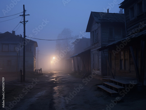 Foggy village street at dawn with old lanterns casting dim light, abandoned houses with boarded windows, eerie and mysterious mood, subtle mist in the air.