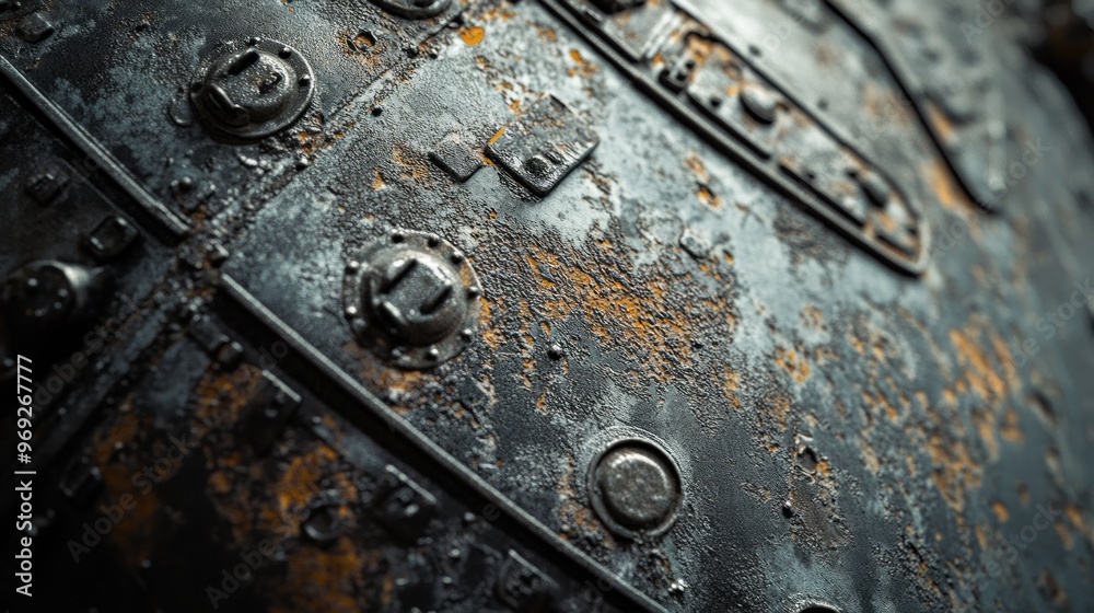 Close-up of a weathered metallic surface with rivets and rust. Close-up of a weathered metallic surface with rivets and rust.