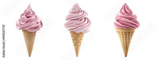 Three pink and white swirled ice cream cones isolated on a transparent background