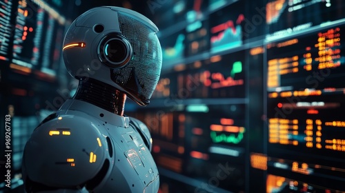 Futuristic AI-Enhanced Financial Trading Systems: Traders using AI-powered platforms to make real-time decisions in a stock market.