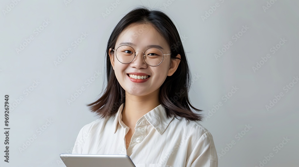 Young Asian Woman in Glasses Holding Tablet, Smiling Against White Background, Business Theme, Professional, Young Asian Woman in Glasses Holding Tablet, Smiling Against White Background, Business Theme, Professional,