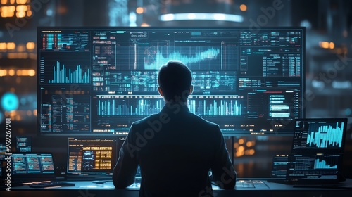 Futuristic AI-Enhanced Financial Trading Systems: Traders using AI-powered platforms to make real-time decisions in a stock market.