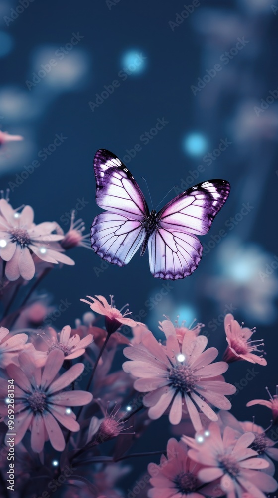 Naklejka premium Purple flowers with butterfly outdoors animal insect.
