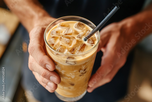 Refreshing cold brew coffee with ice in the hands of a man. Iced cappuccino coffee.