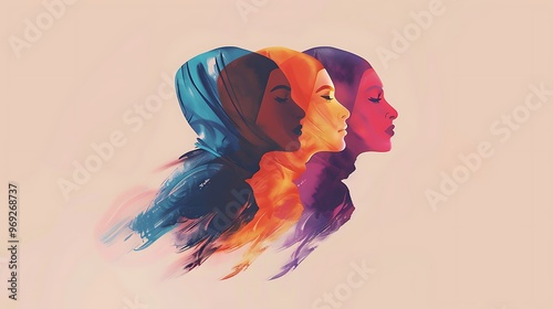 Womens Day Logo in Arabic Calligraphy, Group Portrait Shot Stock Photo Style, Diversity, Celebration