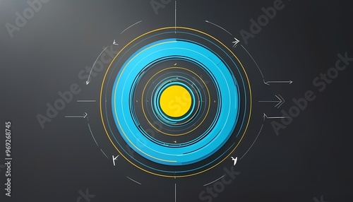 A futuristic and abstract image featuring a circular design with concentric rings and a central blue dot.