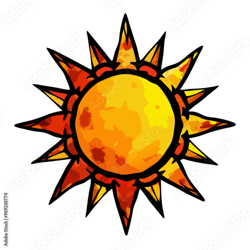 A vibrant, illustrated sun with a bright yellow center and sharp, orange and red spikes radiating outward