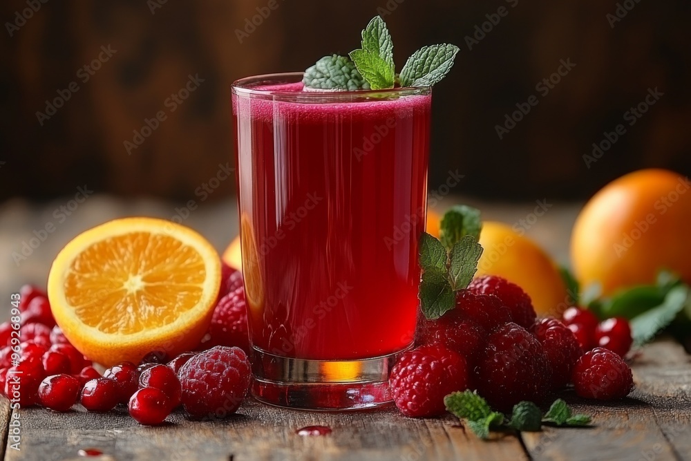 Healthy fresh red fruit juice, drink. Vitamins, fitness drink, health food. Natural. Organic. Raspberry. Strawberry. Cherry. Orange. Healthy fresh red fruit juice, drink. Vitamins, fitness drink, health food. Natural. Organic. Raspberry. Strawberry. Cherry. Orange.