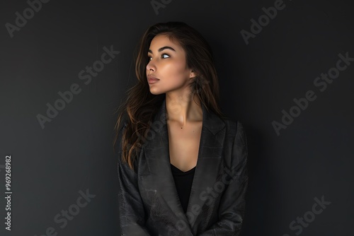 Woman Model Chic Style Blazer, Plain Charcoal Background, Portrait Shot, Full Body Shot, Fashionable Look