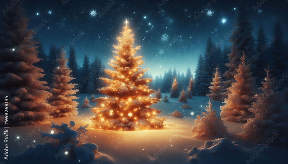 A beautifully lit Christmas tree adorned with snow sits in a serene winter landscape under a starry night sky. The tree is brightly illuminated from within radiating a warm glow A beautifully lit Christmas tree adorned with snow sits in a serene winter landscape under a starry night sky. The tree is brightly illuminated from within radiating a warm glow