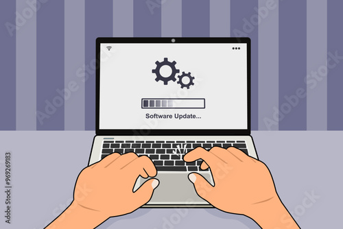 A laptop on the table with updating progress bar on screen. Software system update process concept. Vector illustration.
