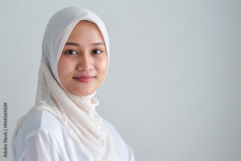 Woman Model Serene Smile Hijab, Plain White Background, Portrait Shot, Full Body Shot, Modest Fashion Woman Model Serene Smile Hijab, Plain White Background, Portrait Shot, Full Body Shot, Modest Fashion