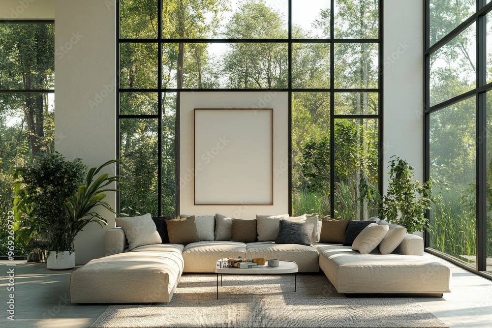 Fototapeta premium Modern living room with large windows and a cozy sectional sofa.