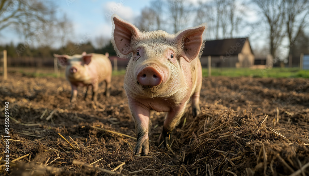 Pigs walking freely in a fenced pasture on a farm. Spacious pens and farm buildings can be seen in the background. Pigs walking freely in a fenced pasture on a farm. Spacious pens and farm buildings can be seen in the background.
