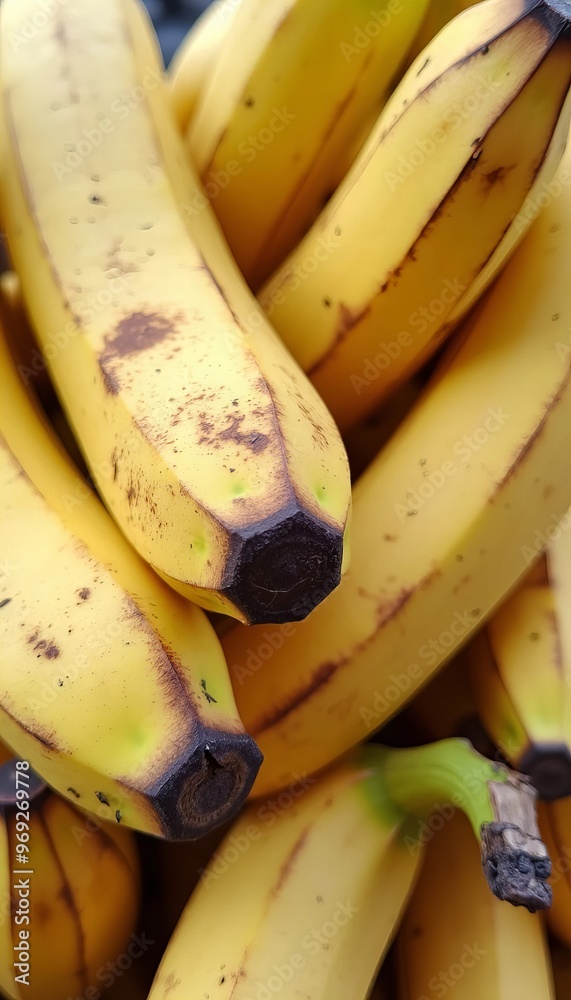 A close-up view of ripe, yellow bananas with brown spots, showcasing their natural texture and shape. A close-up view of ripe, yellow bananas with brown spots, showcasing their natural texture and shape.