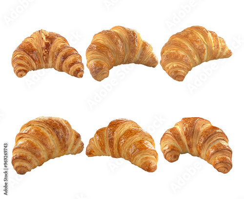 Collection of freshly baked golden croissants on transparent background