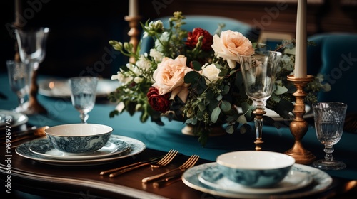 Elegant new year s eve dinner table setting with festive decorations and delicious cuisine