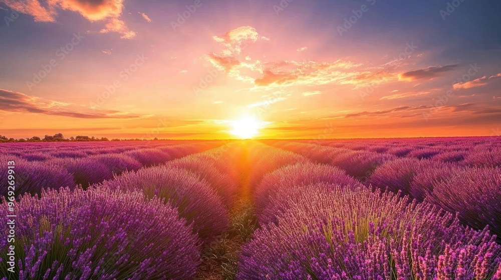 A vibrant sunset over a lavender field, showcasing natural beauty and tranquility.