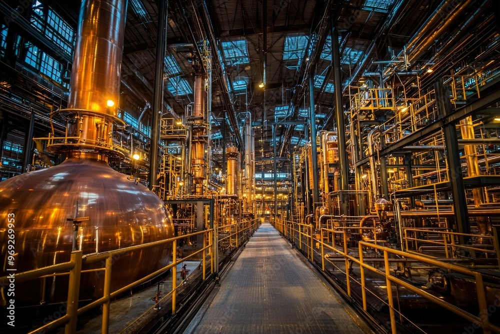 Copper Distillation Towers and Walkway in an Industrial Facility Copper Distillation Towers and Walkway in an Industrial Facility