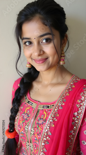  Indian Woman in Traditional Pink Embroidered Attire