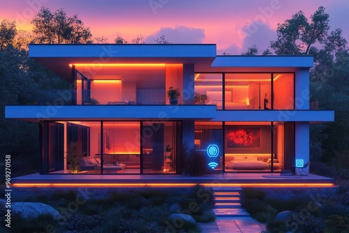 smart home cutaway illustration modern twostory house with visible iot devices wifi connections visualized futuristic yet cozy interior techintegrated living spaces photo