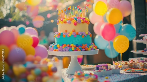 A colorful birthday cake surrounded by festive balloons and treats for a celebration. photo