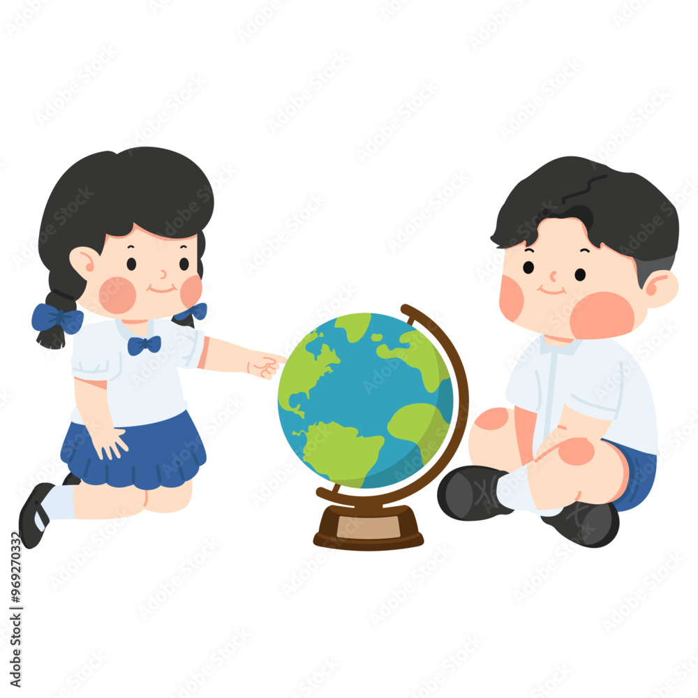 Cute student Boy and girl exploring large globe Cute student Boy and girl exploring large globe