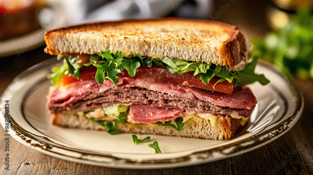 A retro-style sandwich with a nostalgic vibe, featuring classic ingredients and served on a vintage diner plate A retro-style sandwich with a nostalgic vibe, featuring classic ingredients and served on a vintage diner plate